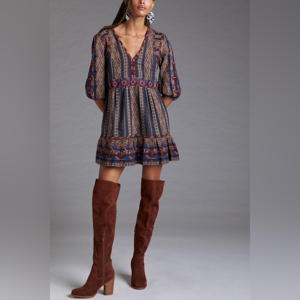 Anthropologie Embroidered Tunic Dress 3/4 Length Sleeves Womens S